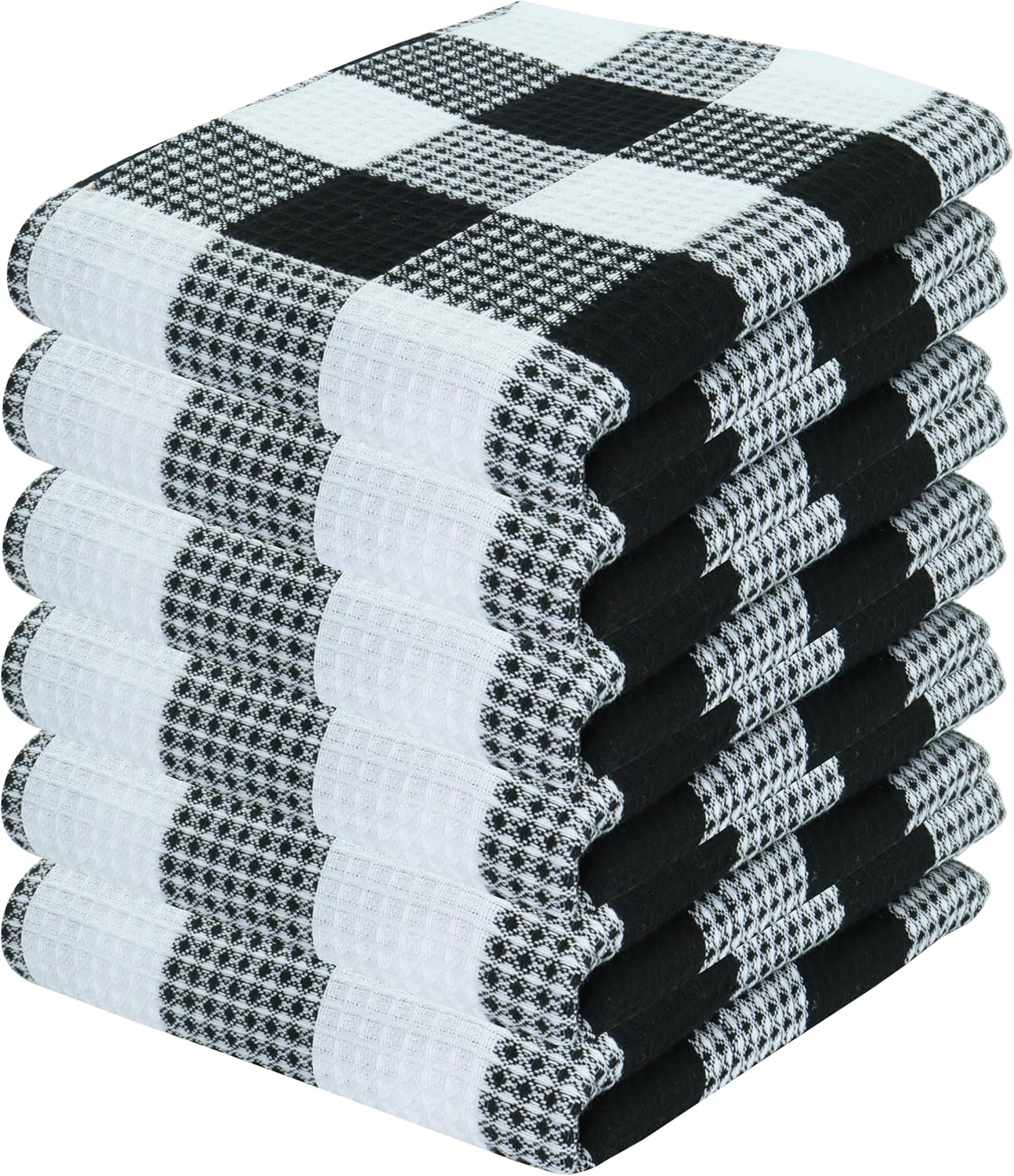 PurpleEssences 100% Cotton Waffle Weave Check Plaid Kitchen Towels, Super Soft and Absorbent Dish Towels for Drying Dishes 15 x 25-6 Pack - Fall Thanksgiving - Black and White