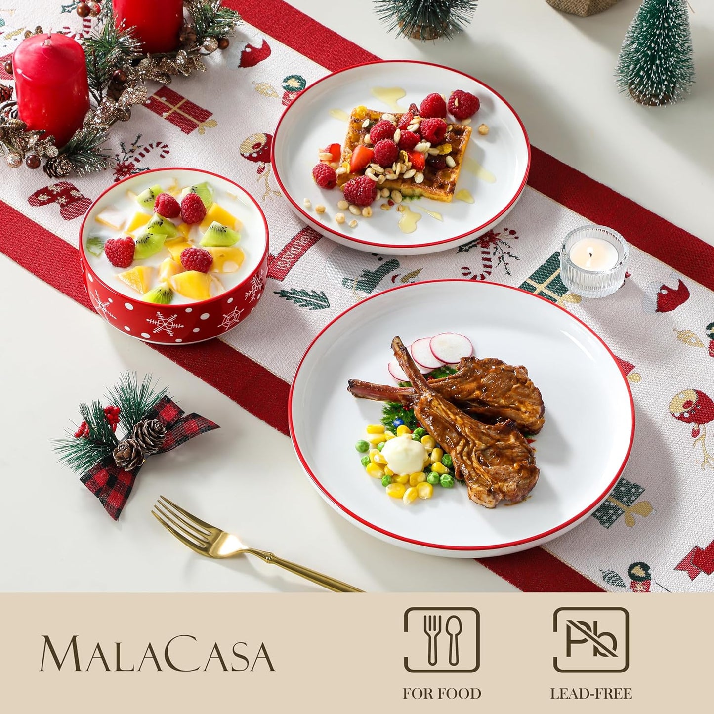 MALACASA Plates and Bowls Sets, 12 Pieces Christmas Porcelain Dinnerware Set for 4, Ceramic Dishware Dishes Kitchen Dinner Dining Ware Set, Microwave and Dishwasher Safe, Series LUNA-Santa Claus
