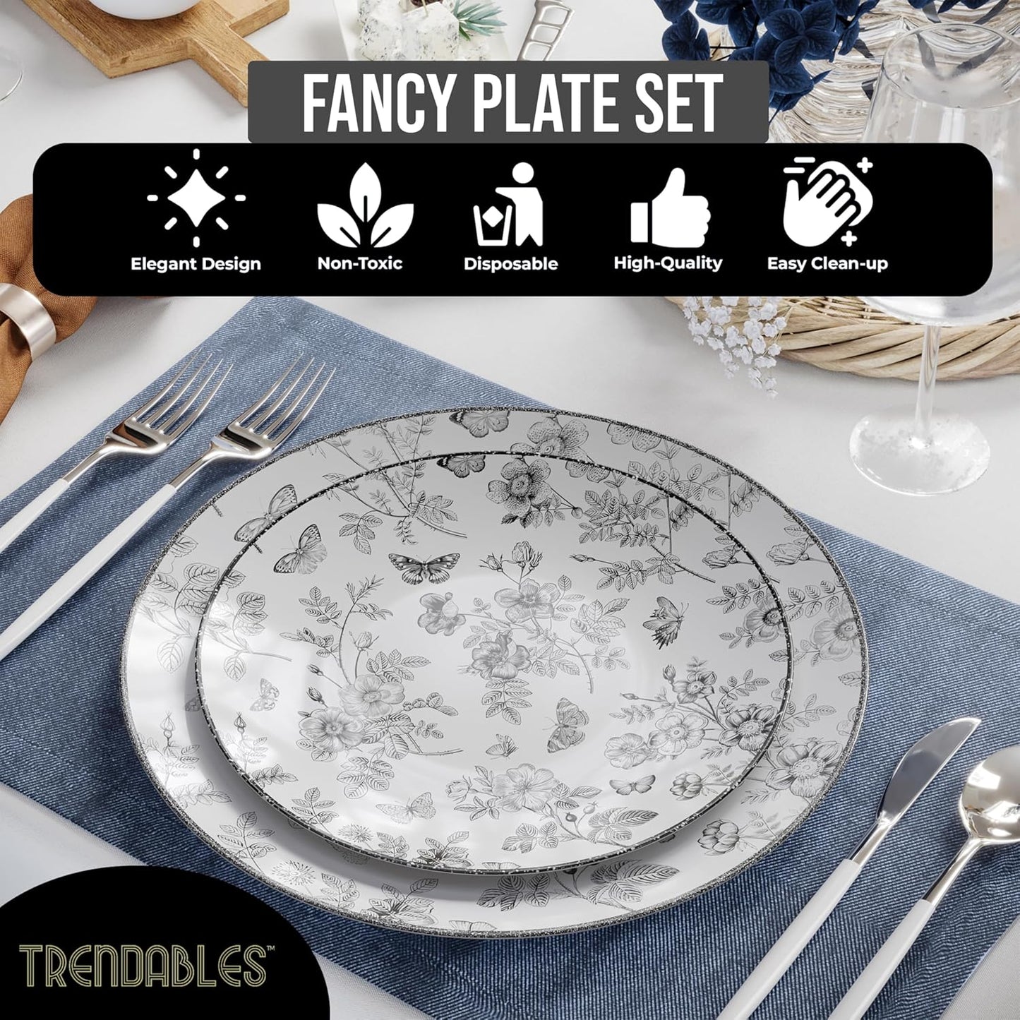Trendables Disposable Plates For Party Supplies | Black Floral Plastic Plates For Wedding 40 Pcs - 20 X 8" & 20 X 10" Dinner Plate Sets | Floral Plate Set Disposable Plastic Dinnerware Sets