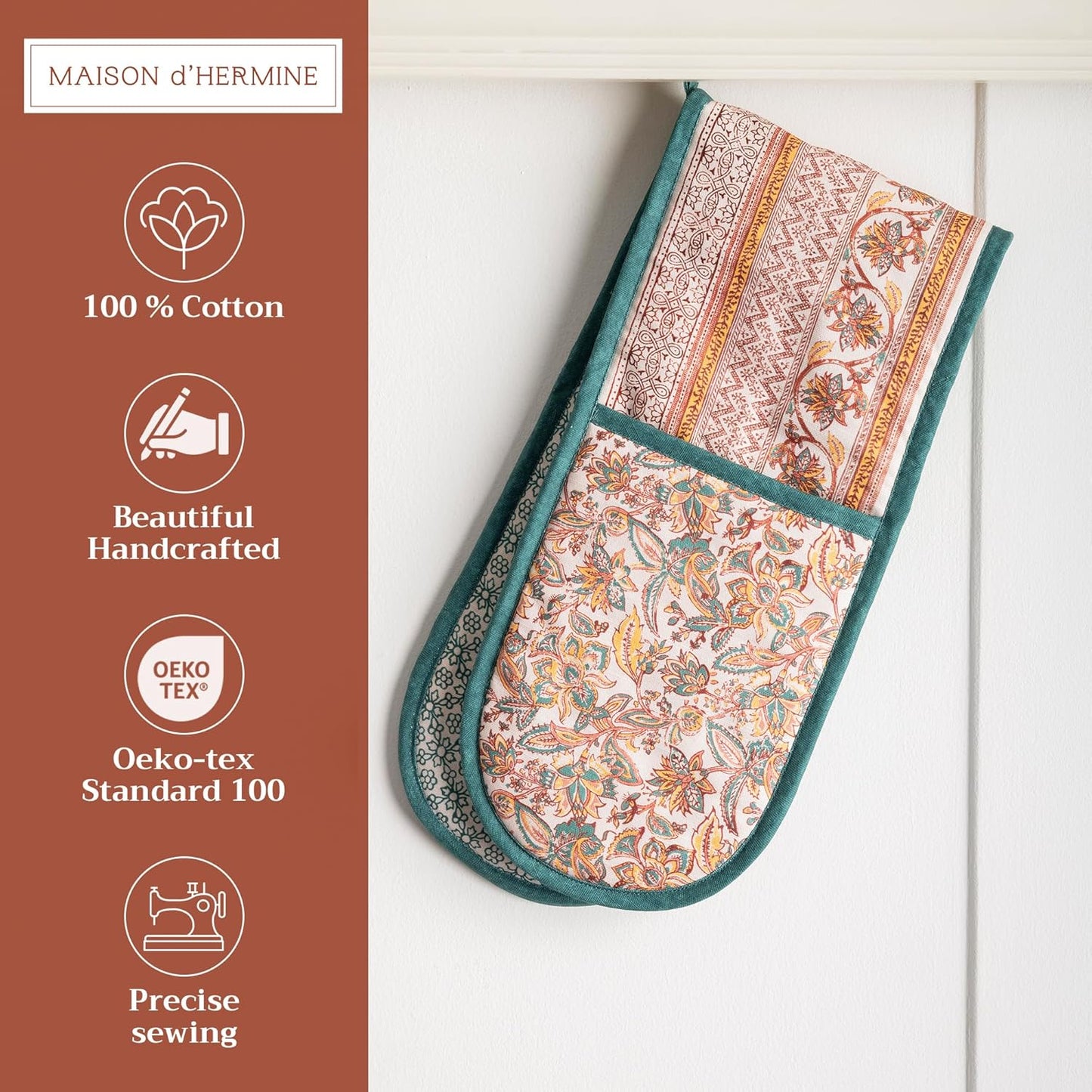 Maison d' Hermine Double Oven Mitt (7" x 35") 100% Cotton Heat Resistant BBQ Cooking Gloves with Loop for Thanksgiving Christmas Decorations Baking Cooking Barbeque Handling Hot Pan (Nila)