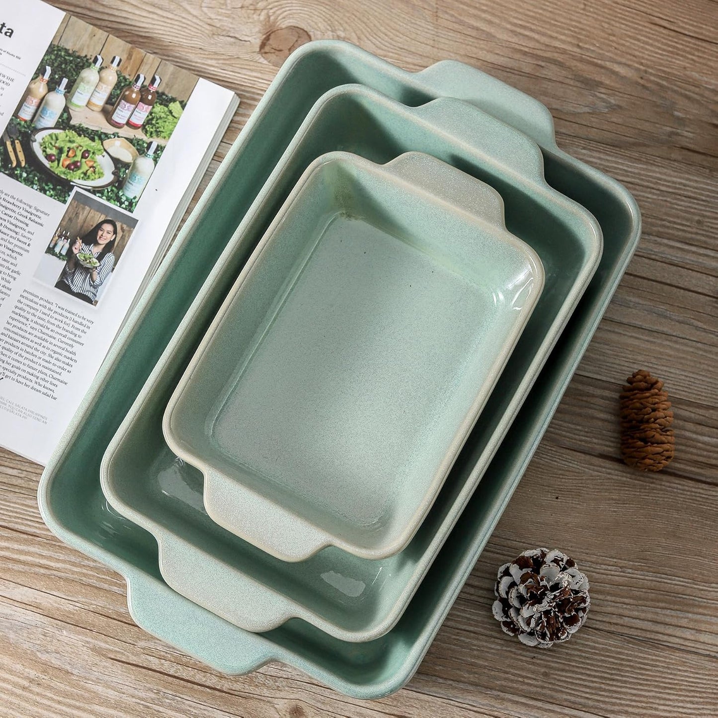 HVH 9x13 Baking Dish Set, Large Casserole Dishes for Oven, Ceramic Bakeware Set of 3, Rectangular Lasagne Pan Deep for Baking (Turquoise)
