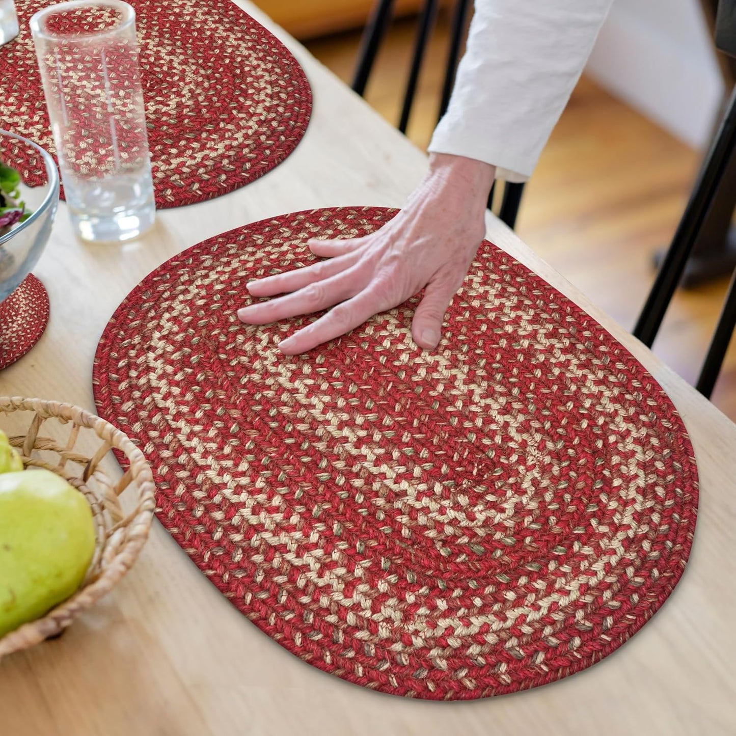 Homespice Apple Pie Jute Braided Placemats, Warm Country Decor, Set of 4, Red 13x19 Oval Table Mats - Vibrant Colors, Durable, Easy to Clean and Protects Furniture