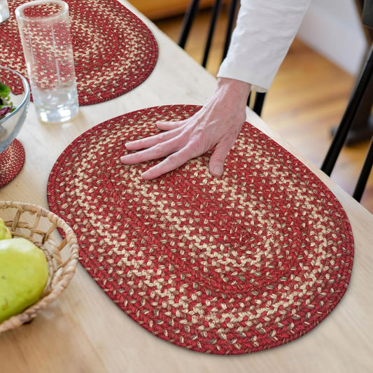 Homespice Apple Pie Jute Braided Placemats, Warm Country Decor, Set of 4, Red 13x19 Oval Table Mats - Vibrant Colors, Durable, Easy to Clean and Protects Furniture