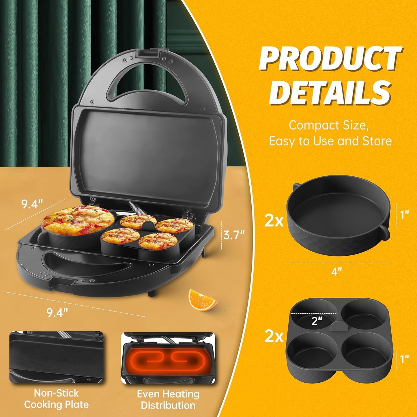 Sous Vide Style Egg Bite Maker Machine with 4 Silicone Molds, Grilled Cheese Maker, Mini Griddle, Ideal for Breakfast Sandwiches, Snacks, Desserts, 8 Mini Egg Bites & 2 Large Egg Bites