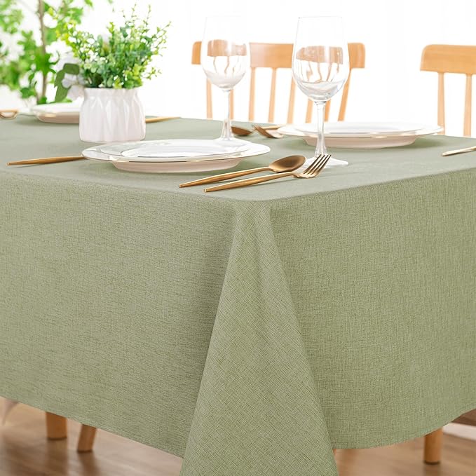 DWCN Rectangle Faux Linen Tablecloth - Waterproof Spill-Proof Wrinkle and Stain Resistant Table Cloth Washable Decorative Farmhouse Table Cover for Kitchen Dining Party, 52 x 70 Inch, Sage Green