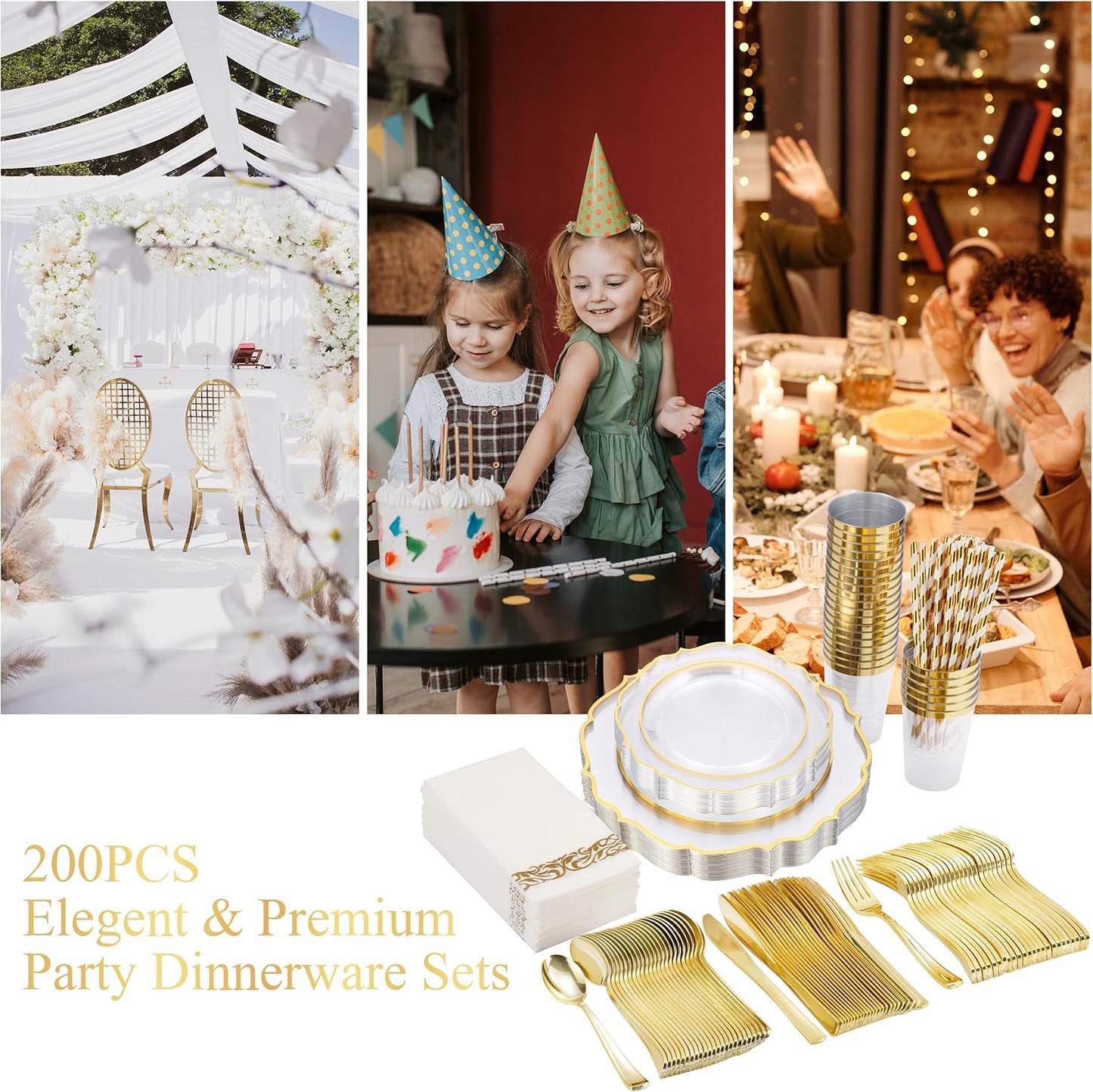 200 PCS Baroque Clear Gold Dinnerware Set for 25 Guests,Gold Rimmed Heavy Duty Plastic Disposable Plates for Party Wedding with Napkins,25Dinner Plates,Dessert Plates,Spoons,Forks,Knives,Cups