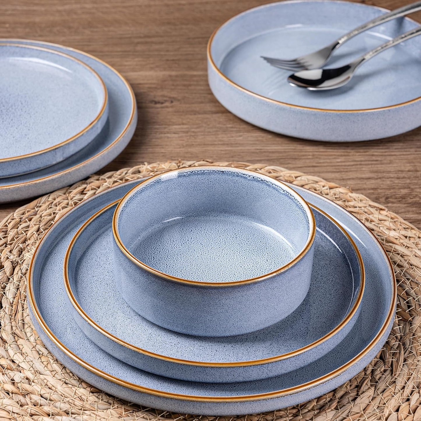 GBHOME Ceramic Dinnerware Sets for 4, 12 Pieces Stoneware Plates and Bowls Sets, Reactive Glaze Dishes -Scratch Resistant, Dishwasher&Microwave Safe-Brunnera Blue