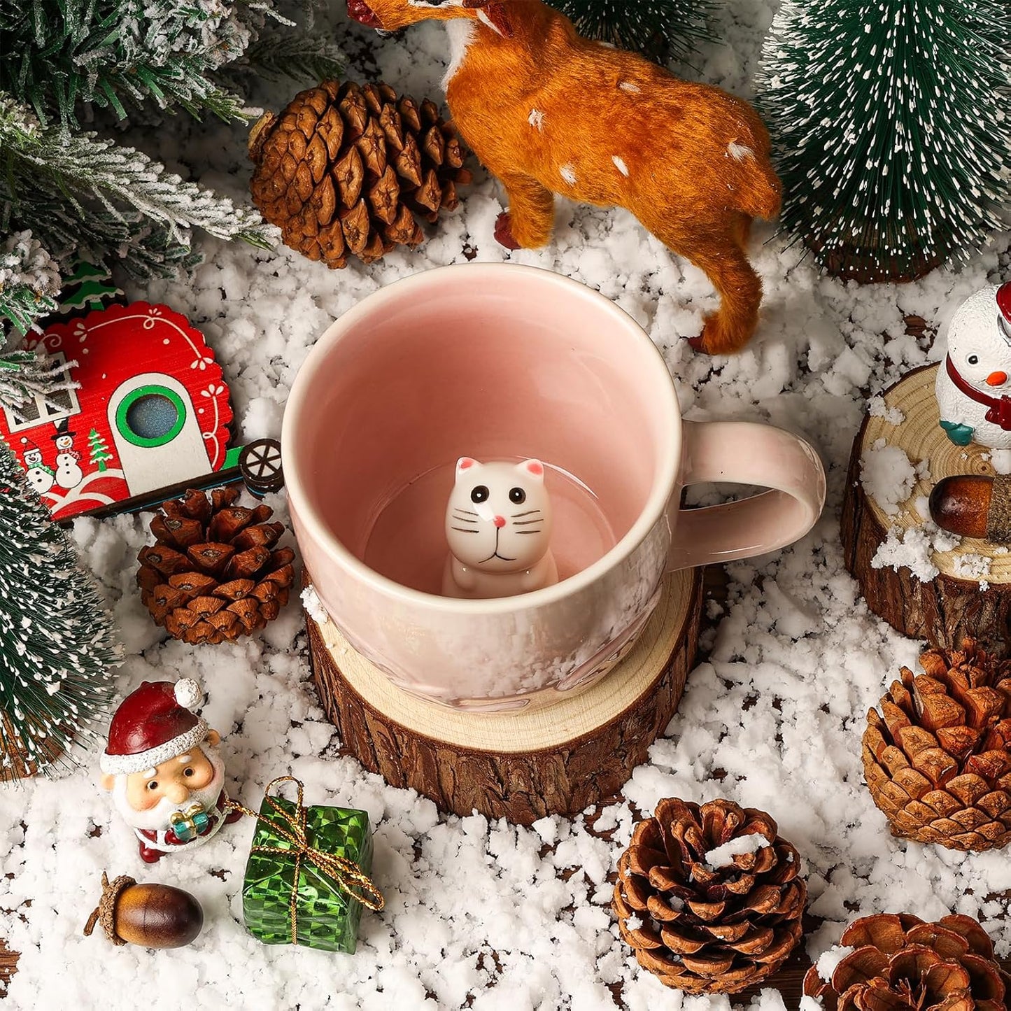 Cat Ceramic Cup Hidden 3D Animal Inside Mug,Cute Cartoon Handmade Figurine Mug,Christmas Birthday Surprise for Friends Family or Kids (Pink Cat)