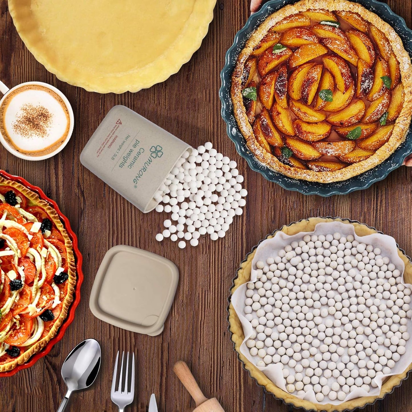 Baking Pie Crust Weights, Reusable Natural Ceramic Pie Weights for Blind Baking Perfect Pie Skin with Wheat Straw Container (1.5 LB)