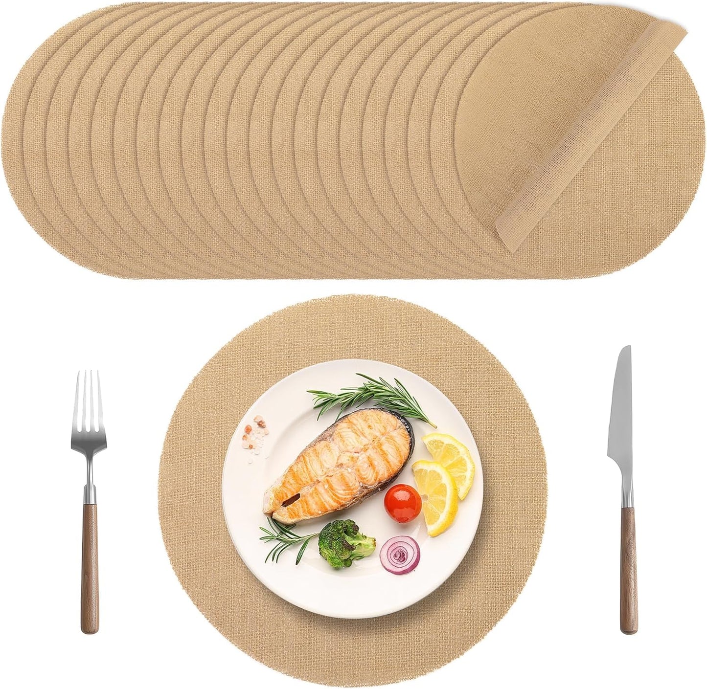 25 Pieces Burlap Placemats 11.8 Inch Round Reusable Brown Table Mats Natural Jute Fibers Placemats Bulk Circle Rustic Table Decorations for Dining Wedding Holiday Farmhouse Supplies