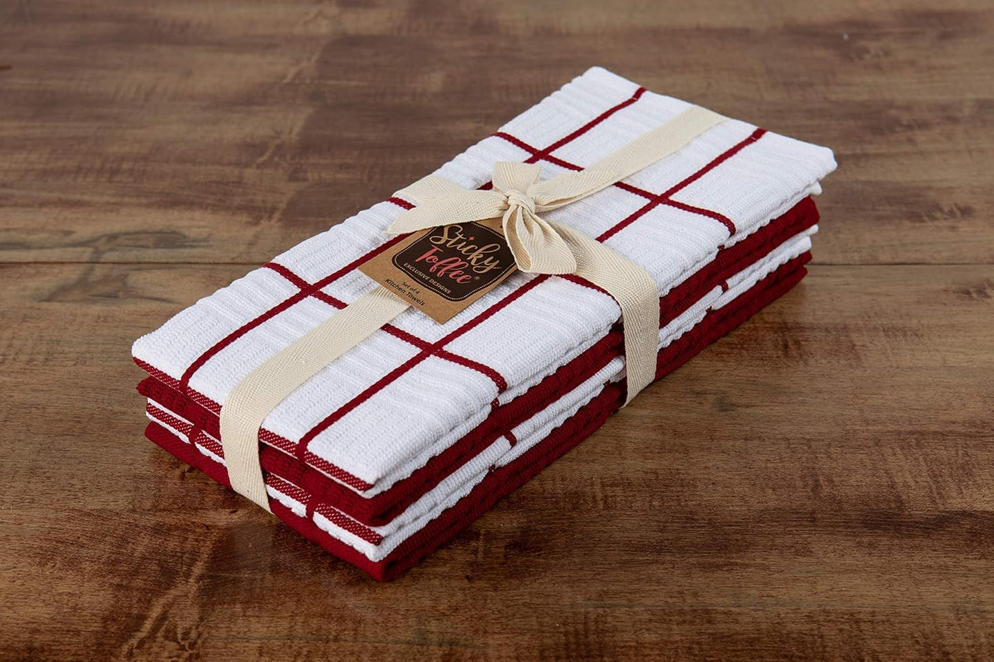 Sticky Toffee Cotton Kitchen Towels Set of 4, Red and White, 28 x 16 in, Absorbent Reusable Hand and Dish Towels, Tea Towels, Oeko-Tex Cotton