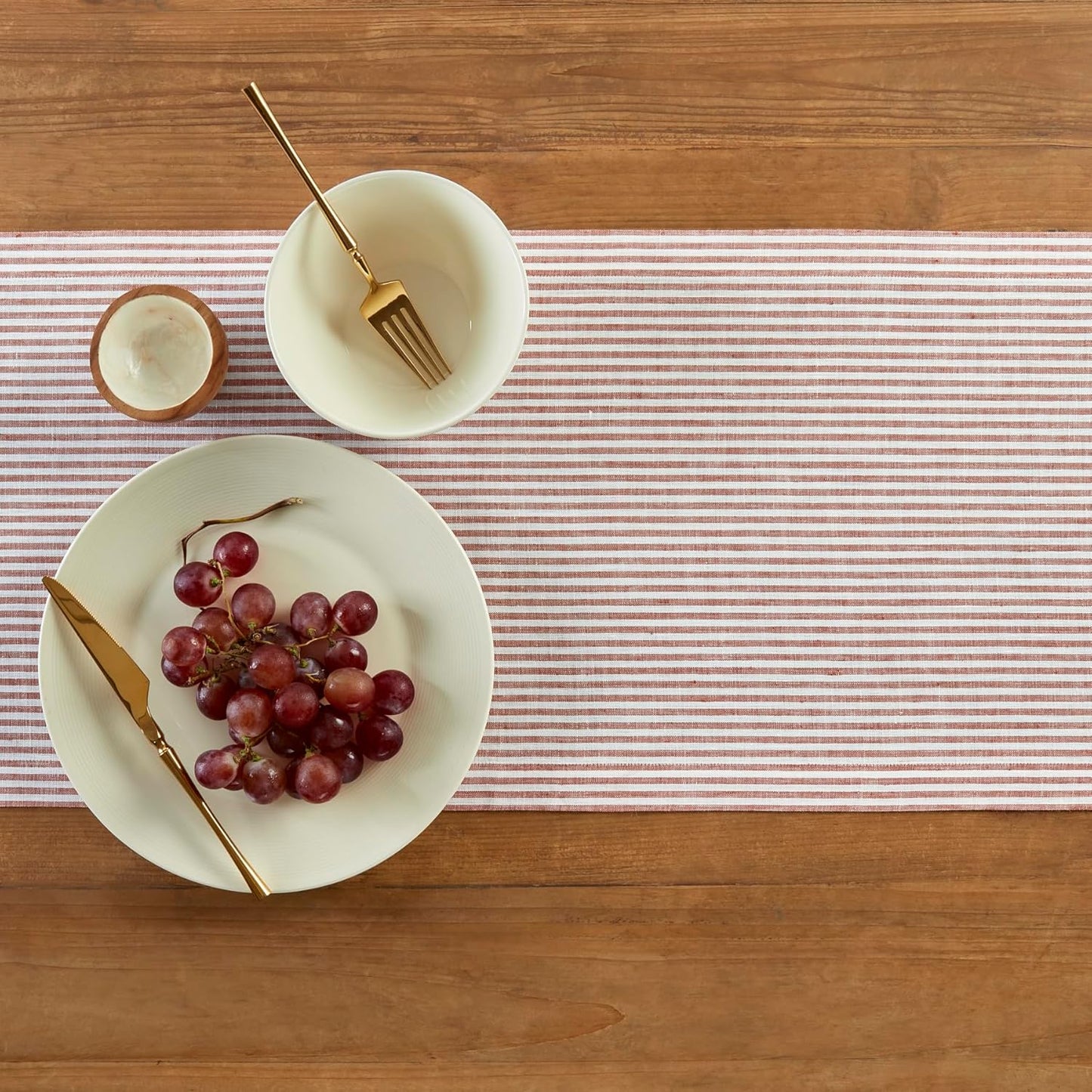 Solino Home Linen Table Runner 48 Inches - Narrow Stripe 100% Pure Linen Cinnamon and White Table Runner 14 x 48 Inch Ideal for Dresser and Coffee Tables - Fall, Autumn, Halloween, Thanksgiving