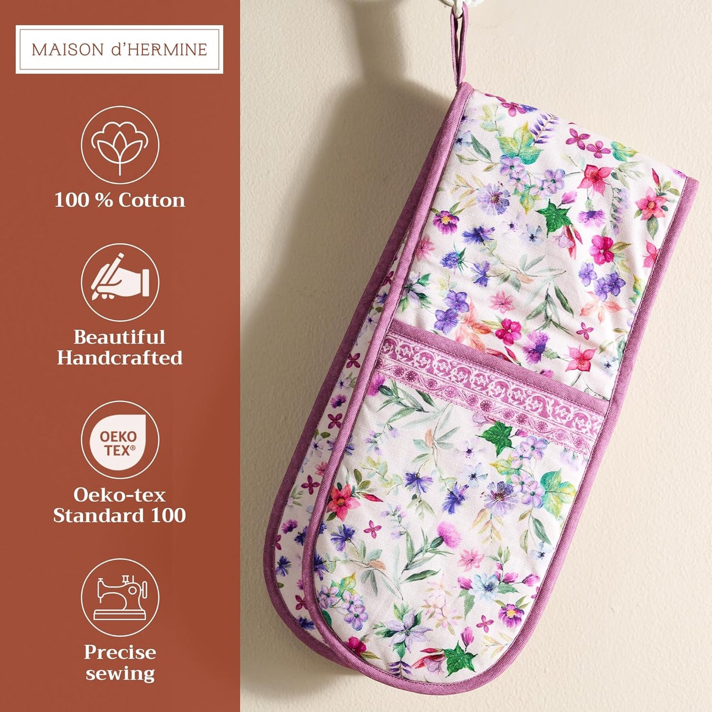 Maison d' Hermine Double Oven Mitts 100% Cotton 7"x35" Double Oven Mitt Heat Resistant BBQ Cooking Gloves with Loop, Baking, Grilling, Home, Kitchen, Handling Hot Pans Spring Summer (Chardon)