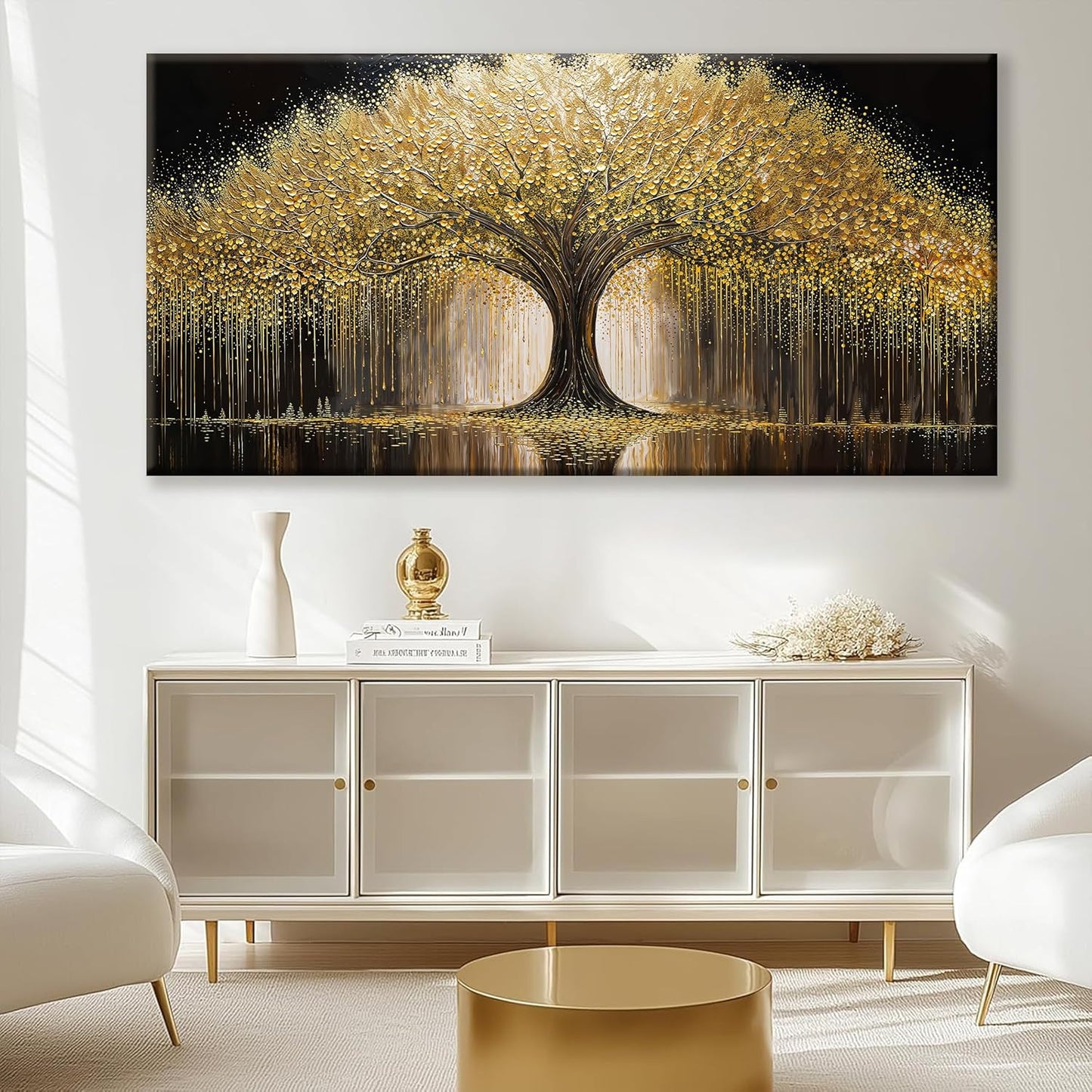 Large Golden Tree Of Life Wall Art Decor Modern Ready To Hang Room Wall Decor Large Wall Art For Living Room Kitchen Office Bedroom Canvas Prints Decor 29x58 Inch