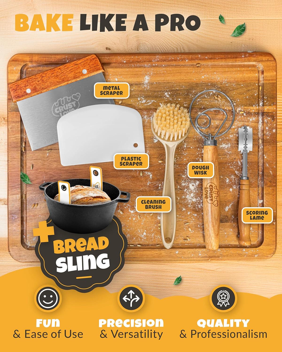 Cast Iron Dutch Oven for Bread Baking - incl. Sourdough Bread-Baking Supplies like Banneton Bread-Proofing Basket - 5QT Bread-Oven with Lid Bread-Making Kit Pan, Pot, Sour Sough Tools, Lame