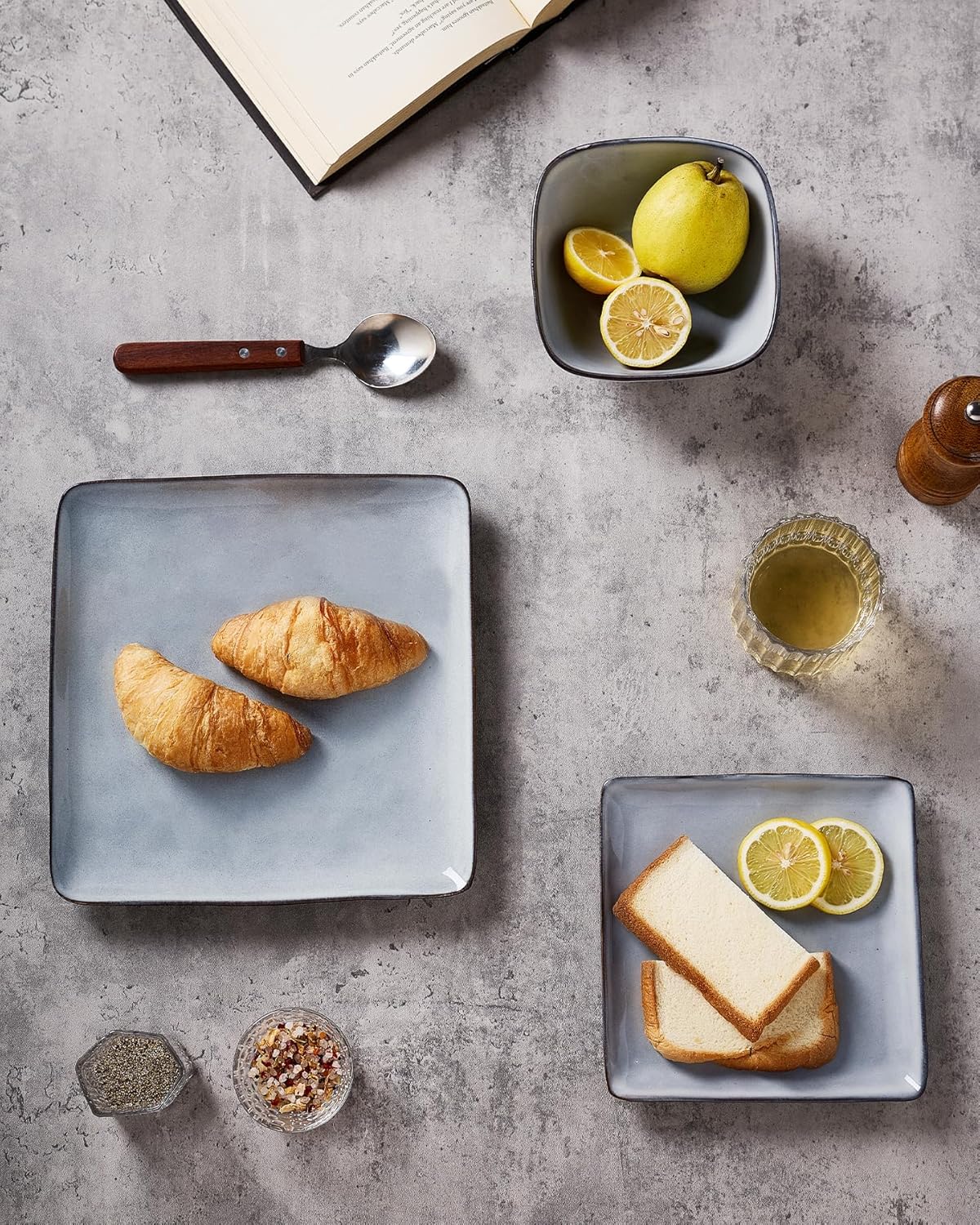 Famiware Dinnerware Sets for 8, Ocean Square 24-Piece Kitchen Plates and Bowls Sets, Microwave and Dishwasher Safe, Scratch Resistant, Grey