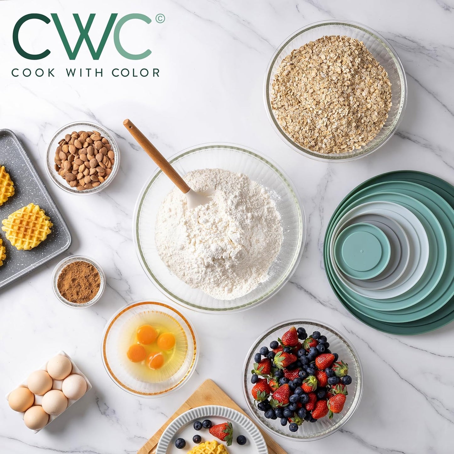 COOK WITH COLOR 12 Pc Glass Mixing Bowl Set with Lids – Borosilicate Glass Nesting Bowls for Cooking, Baking and Meal Prep, Fluted Sage