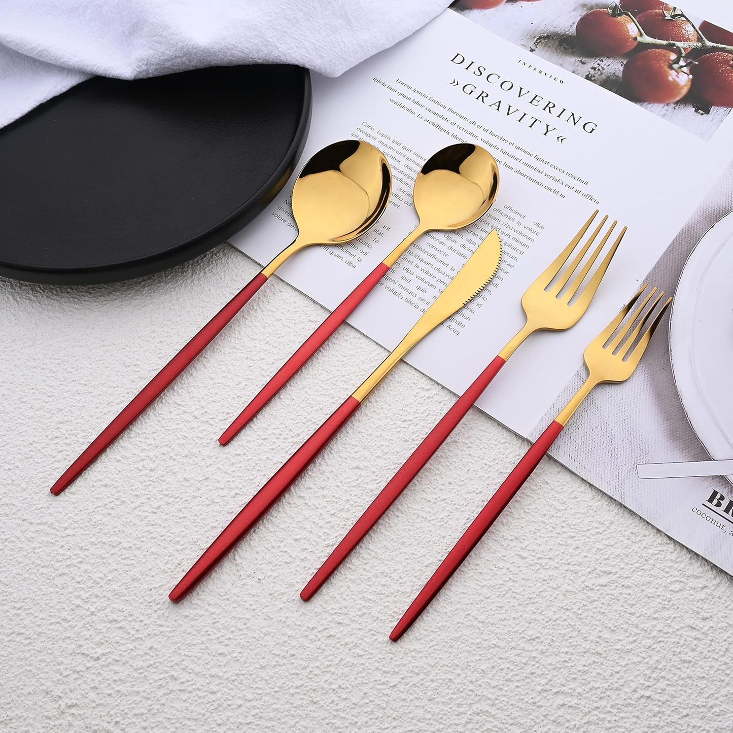 Silverware Set – 20 Piece Family Dinnerware Set – Flatware Set Service For 4 – Red Gold Tableware Sets – Cutlery Great For Family Gatherings & Daily Use – Spoons, Knives, Forks