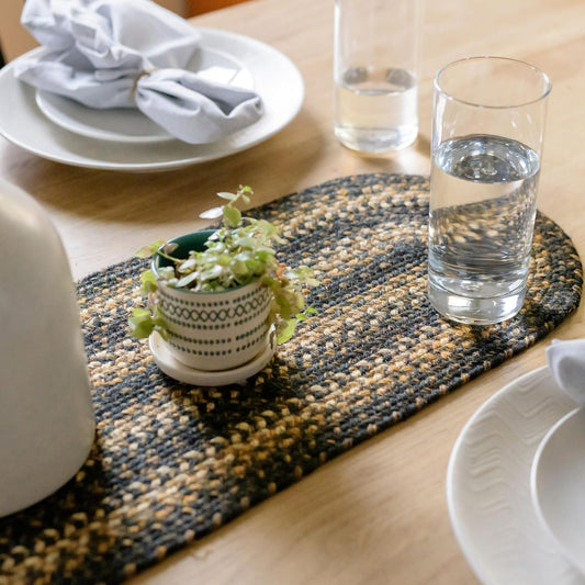 Homespice Kilimanjaro Braided Oval Table Runner, Warm Primitive Decor, Black and Brown 11x36 - Jute Dining Table Accessories - Rich Colors, Easy to Clean, Durable and Protects Furniture