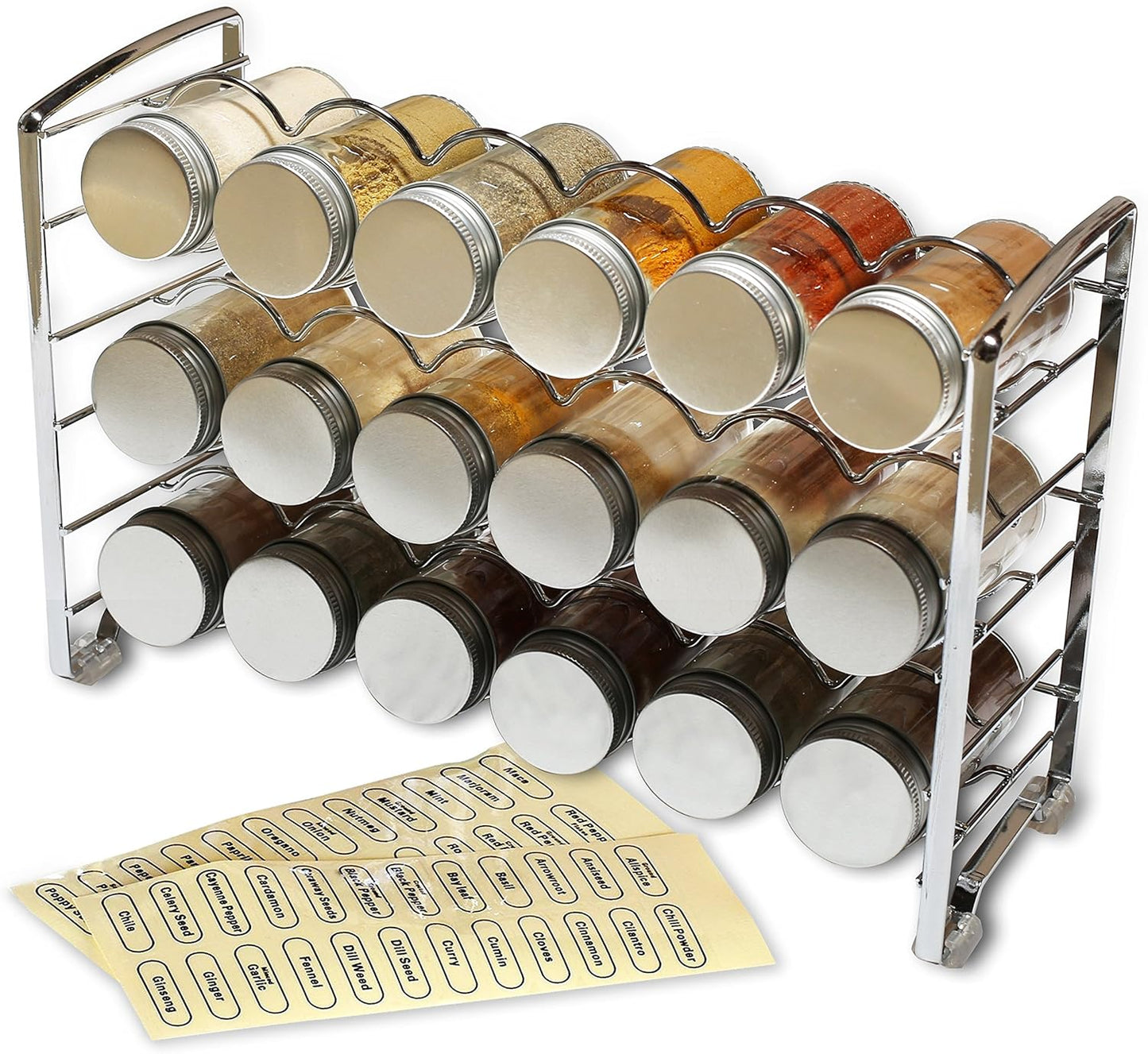 Deco Brothers Spice Rack Stand holder with 18 Bottles and 48 Labels, Chrome