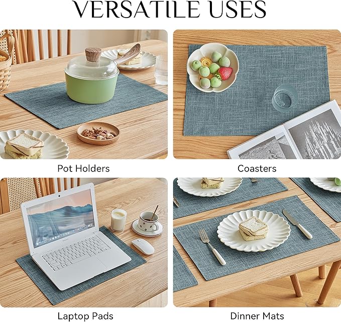 Softalker Faux Linen Placemats Set of 12-12 x 18 Inch, Heat Resistant Double Layered Durable Burlap Farmhouse Place Mats, Non-Slip Washable Rustic Table Mats for Dining, Kitchen, Party（Light Blue