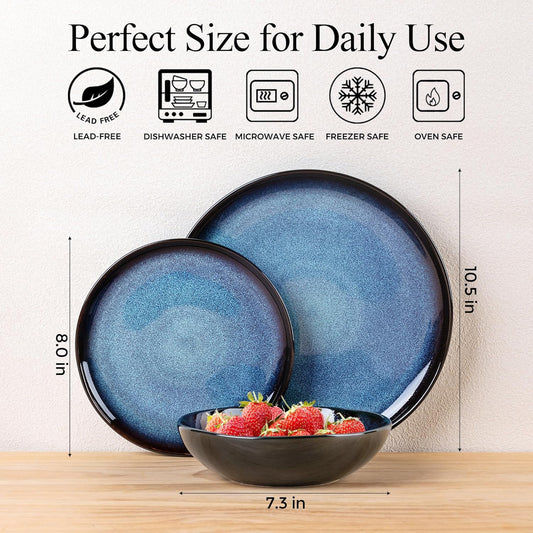 LeRatio Ceramic Dinnerware Sets for 4,Wavy Reactive Glaze Stoneware Plates and Bowls Sets,Highly Scratch Resistant | Dishwasher & Microwave,Oven Safe Dishes Set(12PCS)
