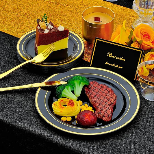 350 PCS Black and Gold Dinnerware Set for 50 Guests, Black Disposable Plates with Gold Rim for Party Wedding-50 Dinner Plates, Dessert Plates, Silverware Set,Napkins and Cups