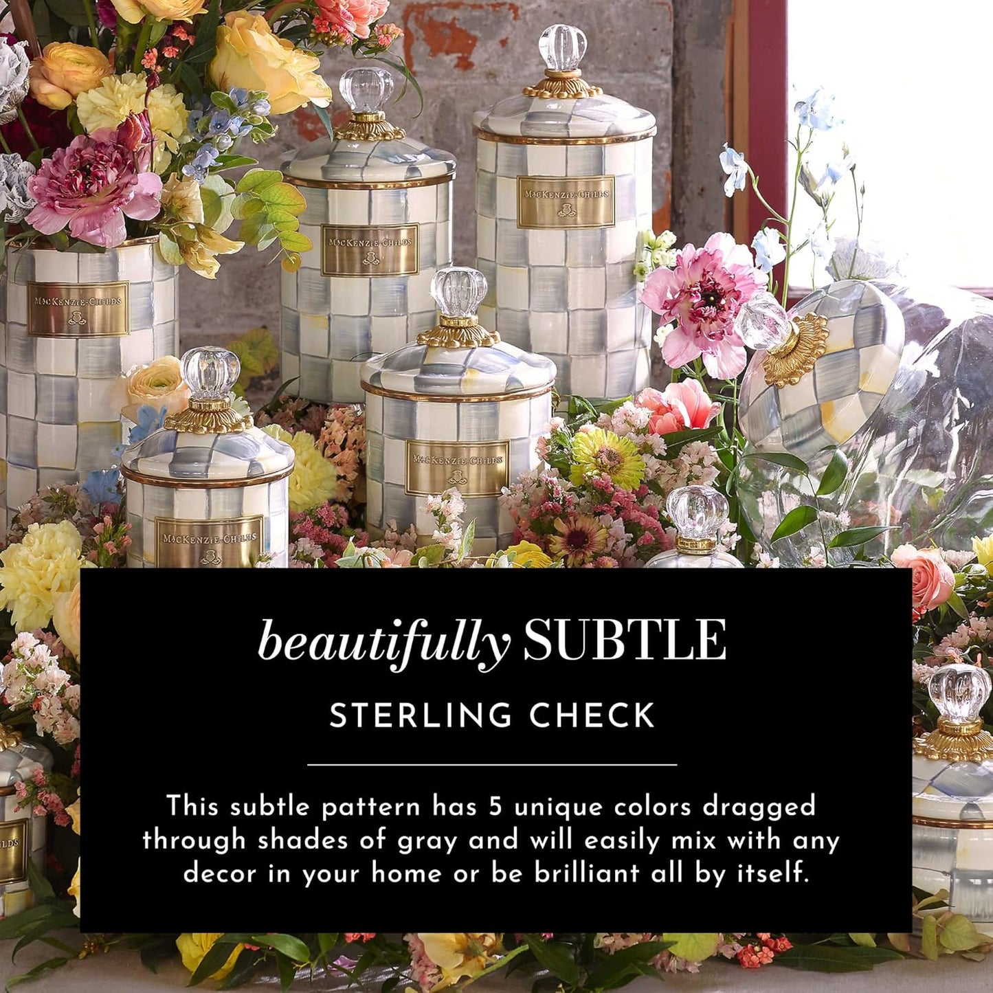 MACKENZIE-CHILDS Enamel Abundant Bowl, Decorative or Serving Bowl, 13-Cup Capacity, Gray-and-White Sterling Check