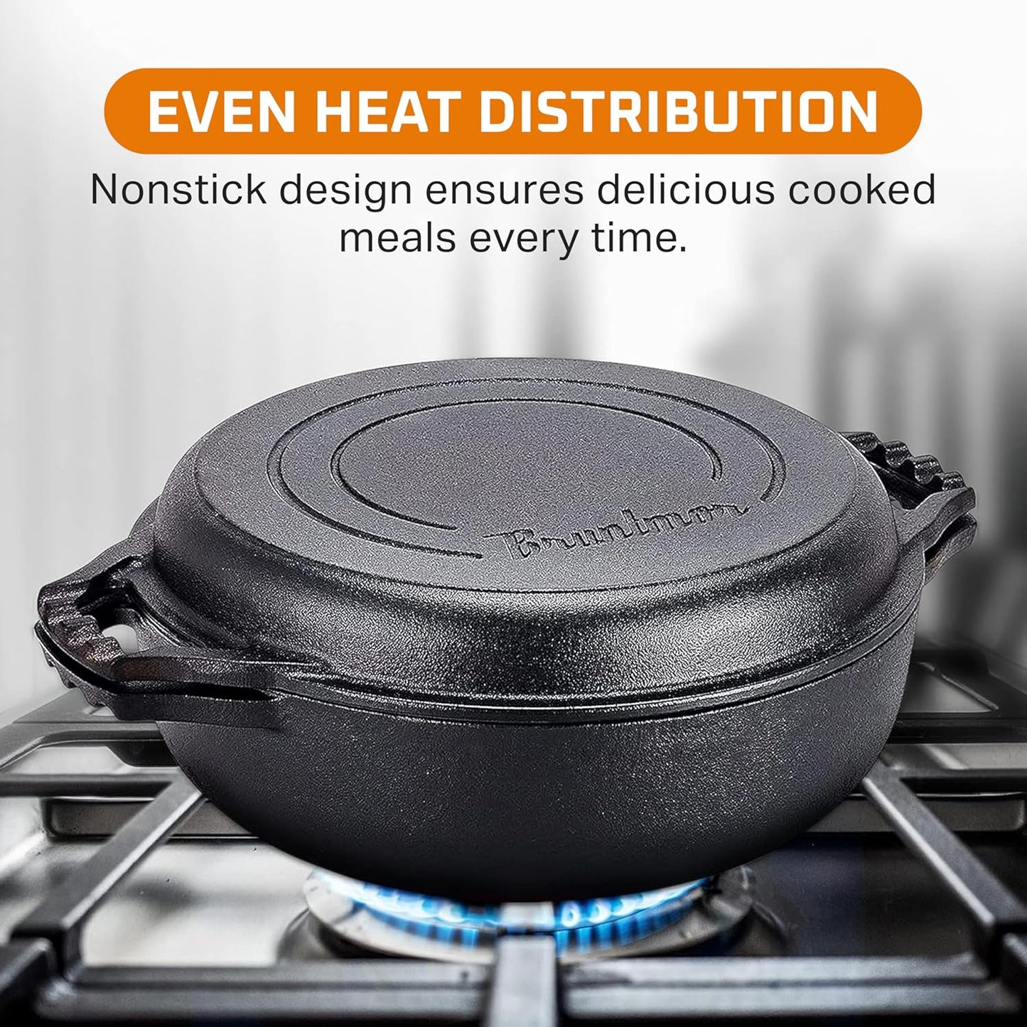 2-in-1 Enameled Cast Iron Cocotte Double Braiser Pan with Grill Lid 3.3 Quarts - Barbecue Grill Non Stick Frying Pan - Casserole Cookware Wide Handle (Grey)