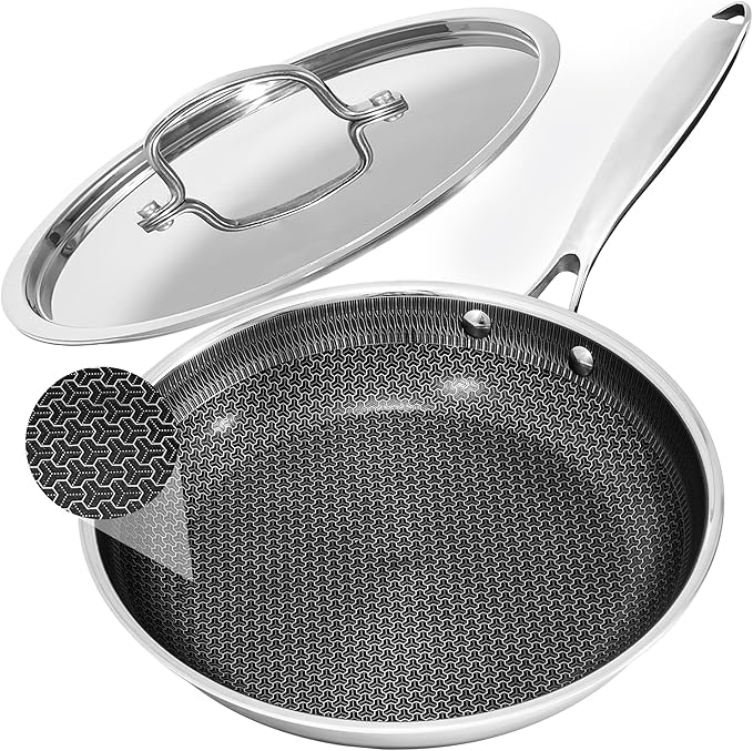 Frying Pan Non Stick 10 Inch with Stainless Steel Lid, Hybrid Non Stick Stainless Steel Skillet Frying Pan, Dishwasher and Oven-Safe Chef Pan, Induction Compatible Cooking Pan, PFOA Free Cookware