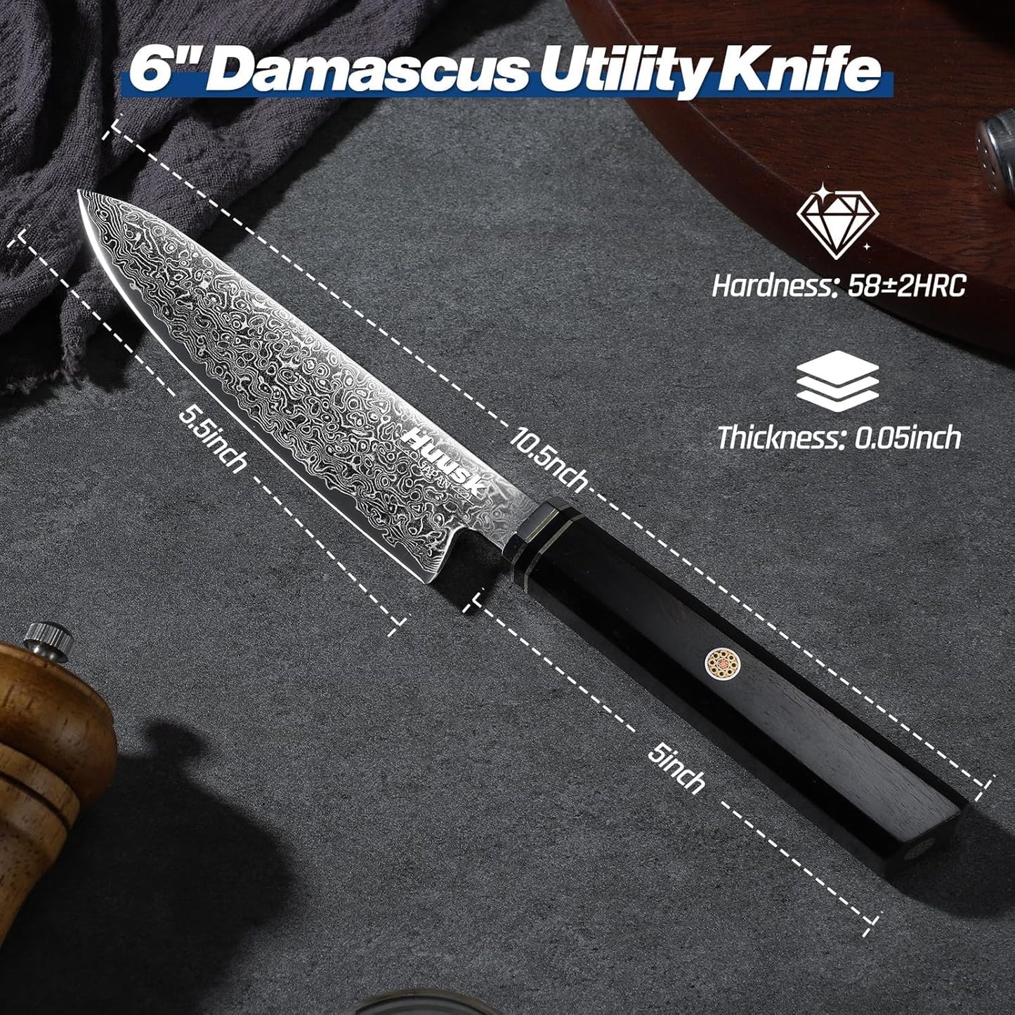 Huusk Damascus Utility Knife Japanese - 5.5 inch Handcrafted VG10 Paring Knife, Small Chef Knives with Ergonomic Wooden Handle, Versatile Kitchen Knives for Vegetable Fruit Meat, Birthday Dad Mom Gift