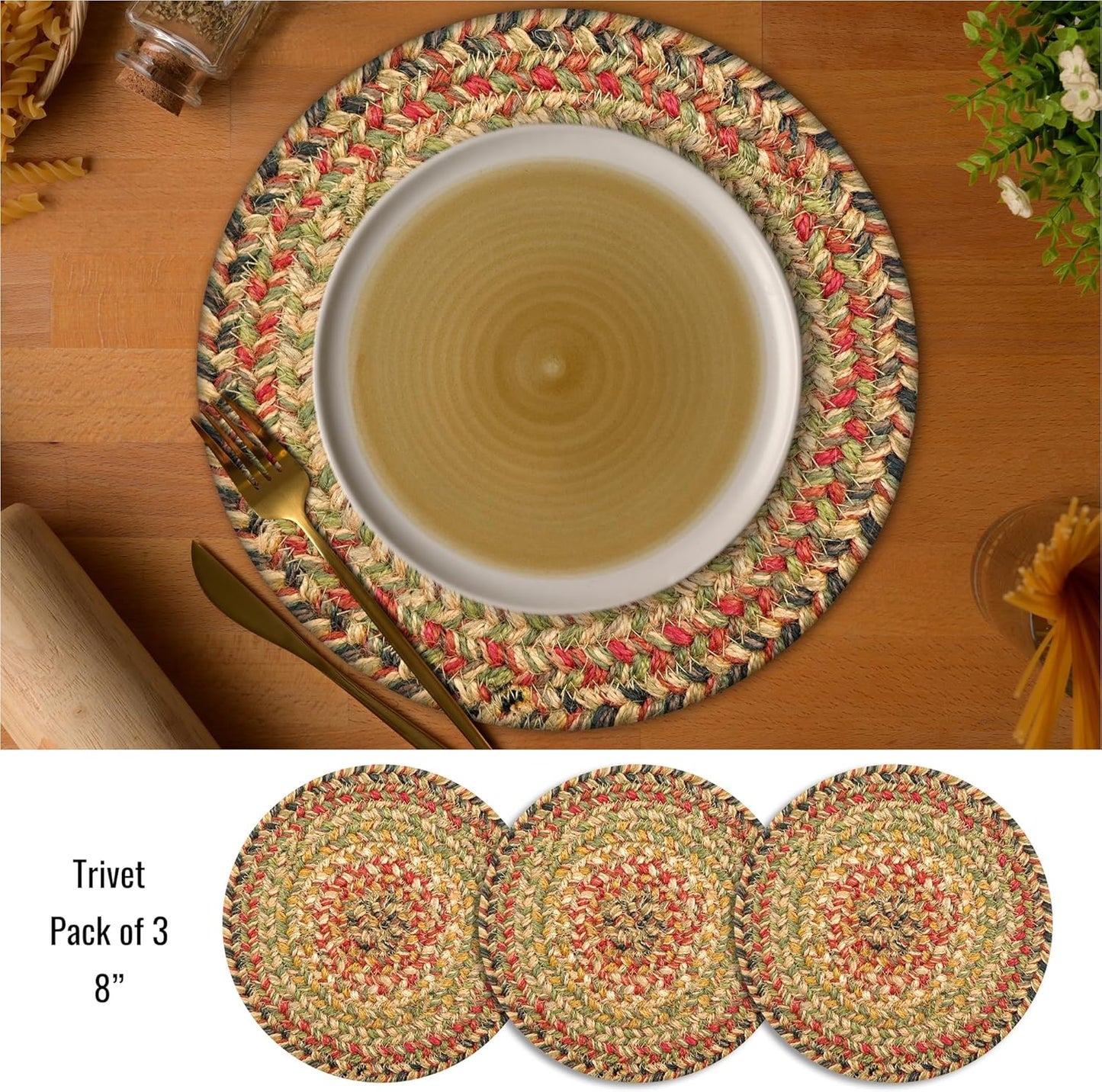 Homespice Kingston Jute Braided Trivets for Table, Warm Country Decor, Set of 3, Multicolor 8" Round Heat Resistant Mats - Rich Colors, Easy to Clean, Durable and Protects Furniture