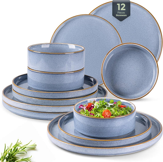 GBHOME Ceramic Dinnerware Sets for 4, 12 Pieces Stoneware Plates and Bowls Sets, Reactive Glaze Dishes -Scratch Resistant, Dishwasher&Microwave Safe-Brunnera Blue