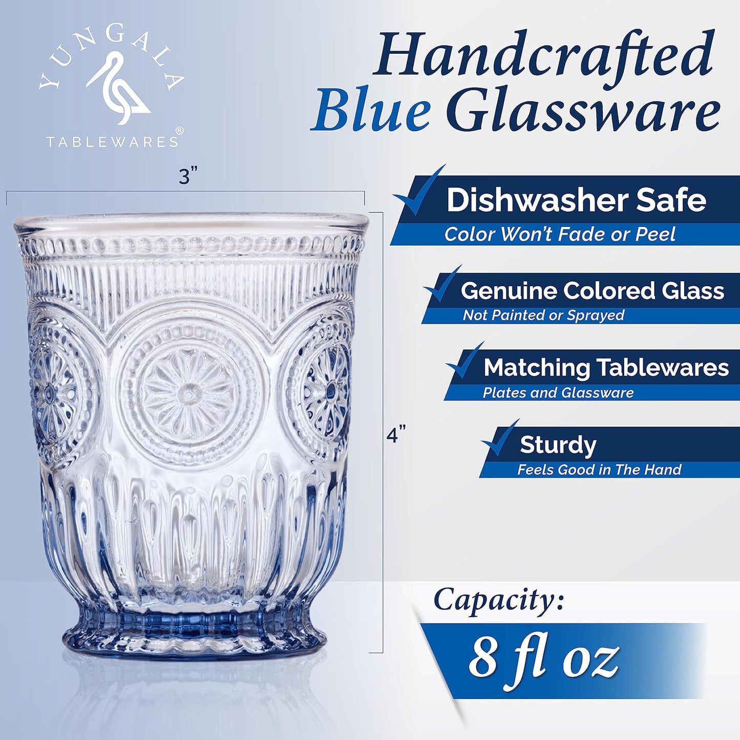 Yungala Blue Glassware set of 6 small dishwasher safe colored glasses, Blue glass cups, matching highball and wine glasses available