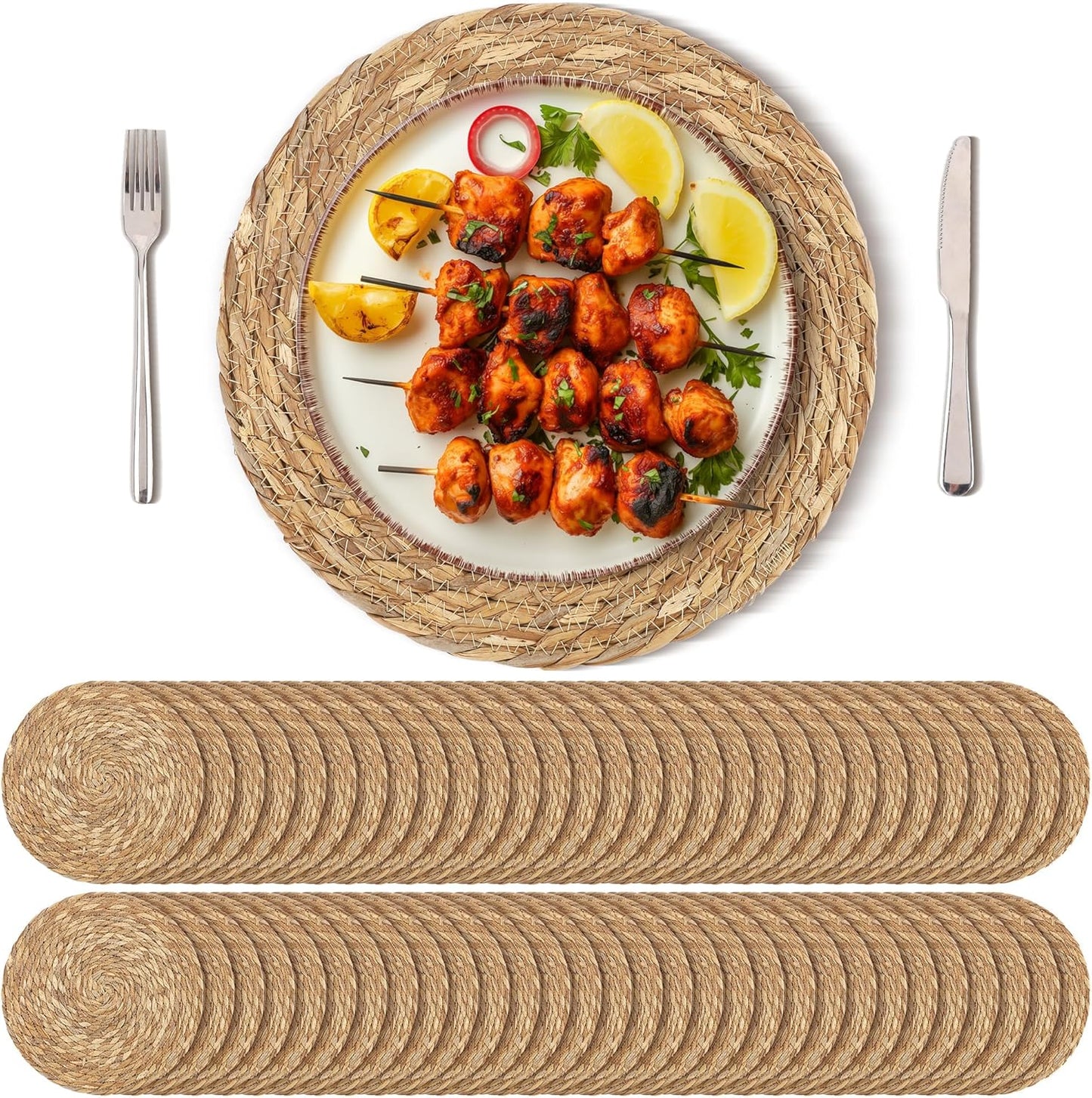 Set of 60 Round Woven Placemats 13.8 Inches Bulrush Placemats Natural Hand-Woven Boho Rattan Placemat Wicker Table Mats Farmhouse Weave Place Mats for Home Dining