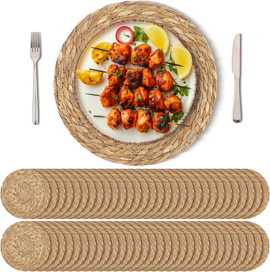 Set of 60 Round Woven Placemats 13.8 Inches Bulrush Placemats Natural Hand-Woven Boho Rattan Placemat Wicker Table Mats Farmhouse Weave Place Mats for Home Dining