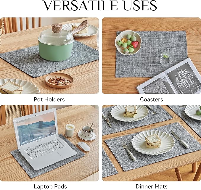 Softalker Faux Linen Placemats Set of 4-12 x 18 Inch, Heat Resistant Double Layered Durable Burlap Farmhouse Place Mats, Non-Slip Washable Rustic Table Mats for Dining, Kitchen, Party（Light Grey