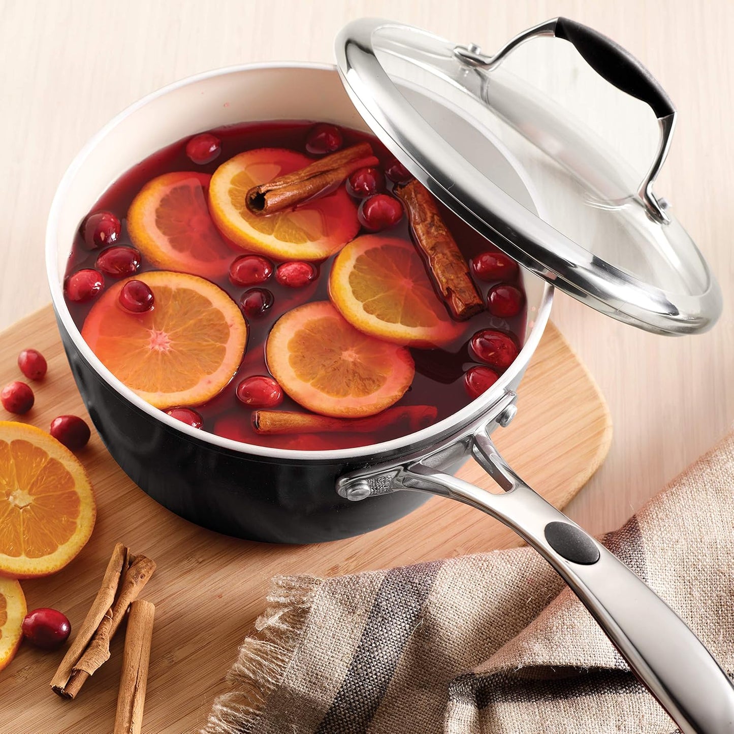 Tramontina Gourmet Ceramica Deluxe Sauce Pan with Lid, Non Stick Ceramic Interior, 3-Quart, Metallic Black, Made in Italy