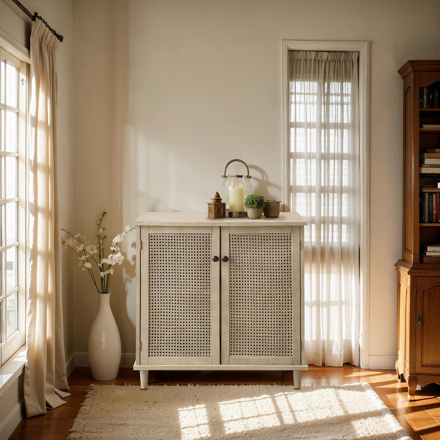 Sideboard Buffet Cabinet, Rattan Storage Cabinet with 2 Doors and Removable Shelf, Farmhouse Decor for Living Room, Entryway, Hallway, Kitchen, Dining Room