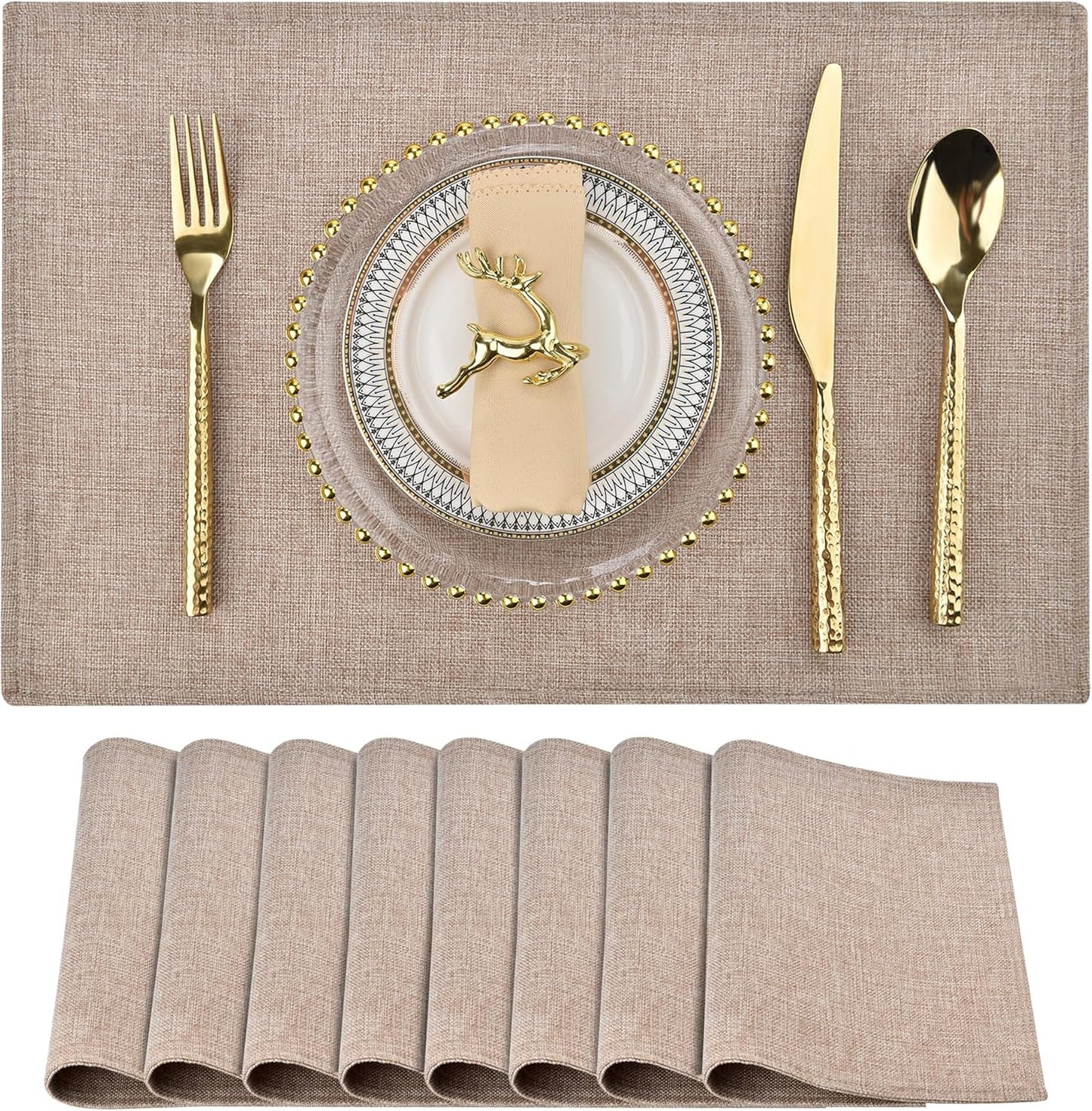 SLKQG Linen-Look Placemats Set of 8, Heat Resistant & Machine Washable Double-Layered Cloth Placemats for Dining Table, Indoor/Outdoor Use, Non-Slip Kitchen Table Mats (8, Natural Linen)