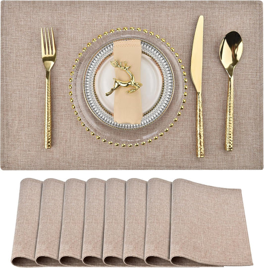 SLKQG Linen-Look Placemats Set of 8, Heat Resistant & Machine Washable Double-Layered Cloth Placemats for Dining Table, Indoor/Outdoor Use, Non-Slip Kitchen Table Mats (8, Natural Linen)