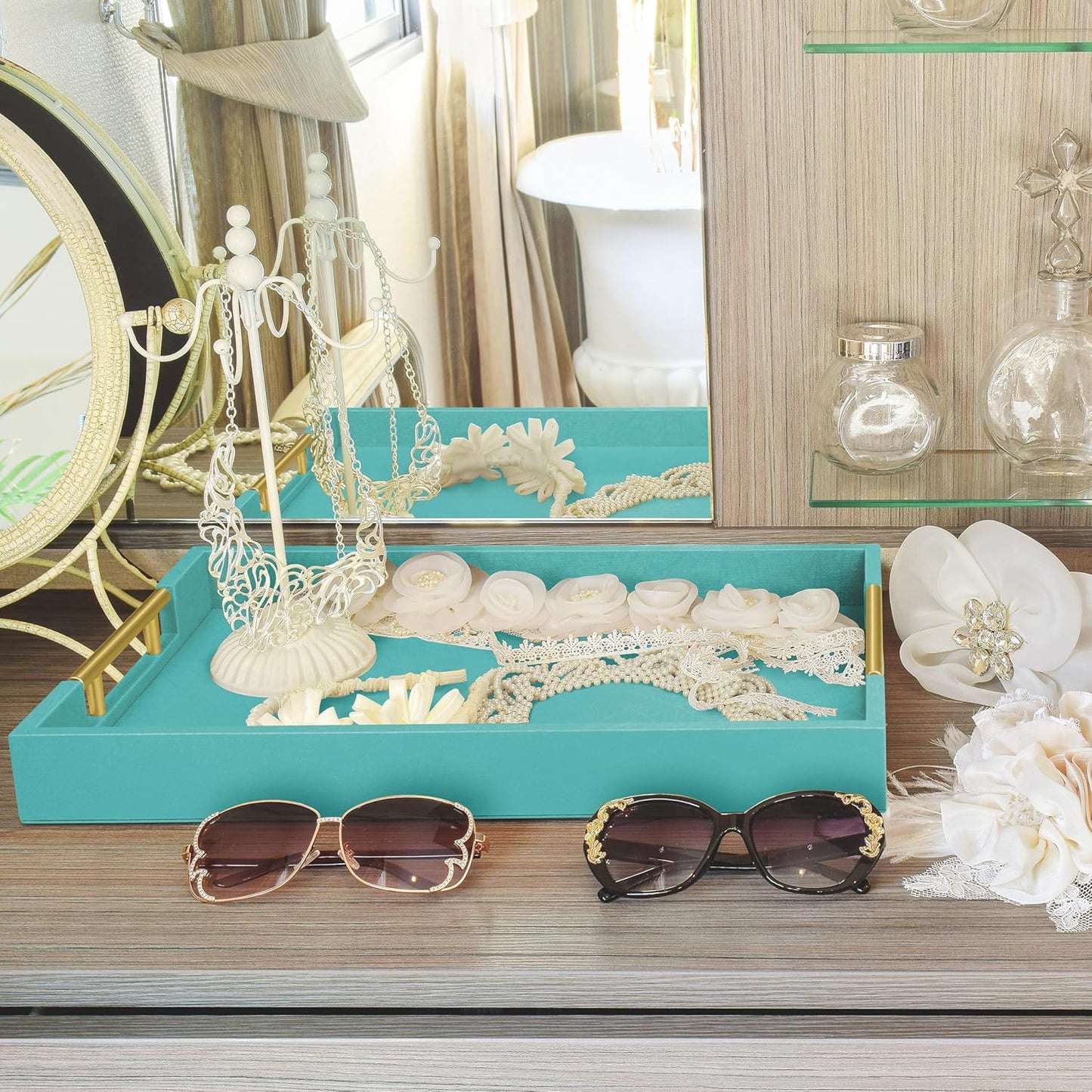 17" x 12" Wood Serving Tray with Gold Polished Metal Handles, Home Decorative Wooden Rectangle Ottoman Leather Decor Platter Bathroom Vanity Tray for All Occasions Blue