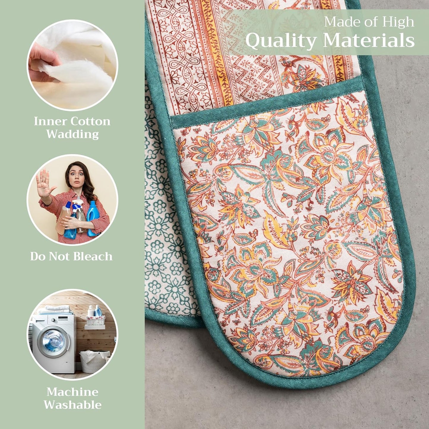 Maison d' Hermine Double Oven Mitt (7" x 35") 100% Cotton Heat Resistant BBQ Cooking Gloves with Loop for Thanksgiving Christmas Decorations Baking Cooking Barbeque Handling Hot Pan (Nila)