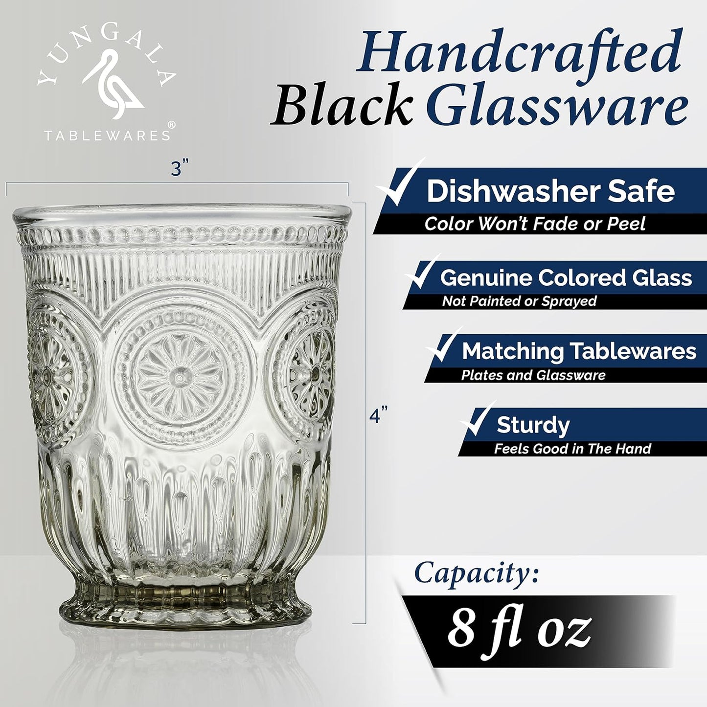 Yungala Black Glassware set of 6 smoke drinking glasses, 8 oz water glasses textured colored vintage glass cups dishwasher safe