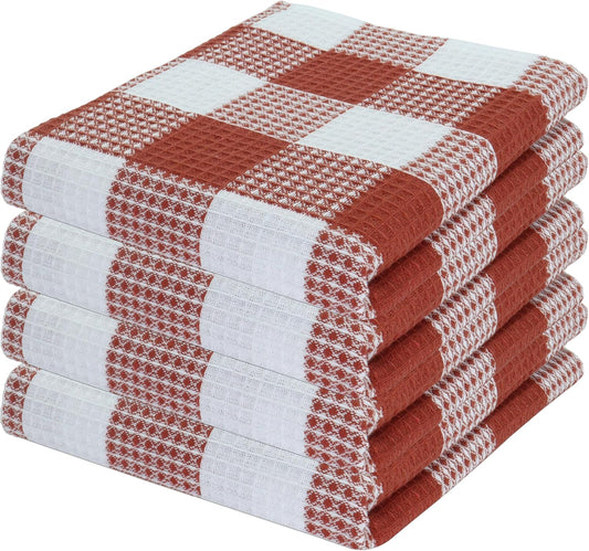 PurpleEssences Rust 100% Cotton Waffle Weave Check Plaid Kitchen Towels, Super Soft and Absorbent Dish Towels for Drying Dishes 15 x 25-4 Pack - Fall Thanksgiving - Rust and White