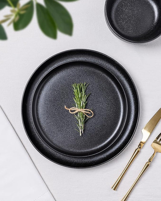 TheTerra Ceramic Dinnerware Sets for 4, 12 Pieces Porcelain Lightweight Plates and Bowls Sets, Scratch Resistant Dish Set, Oven & Microwave & Dishwasher Safe, Black