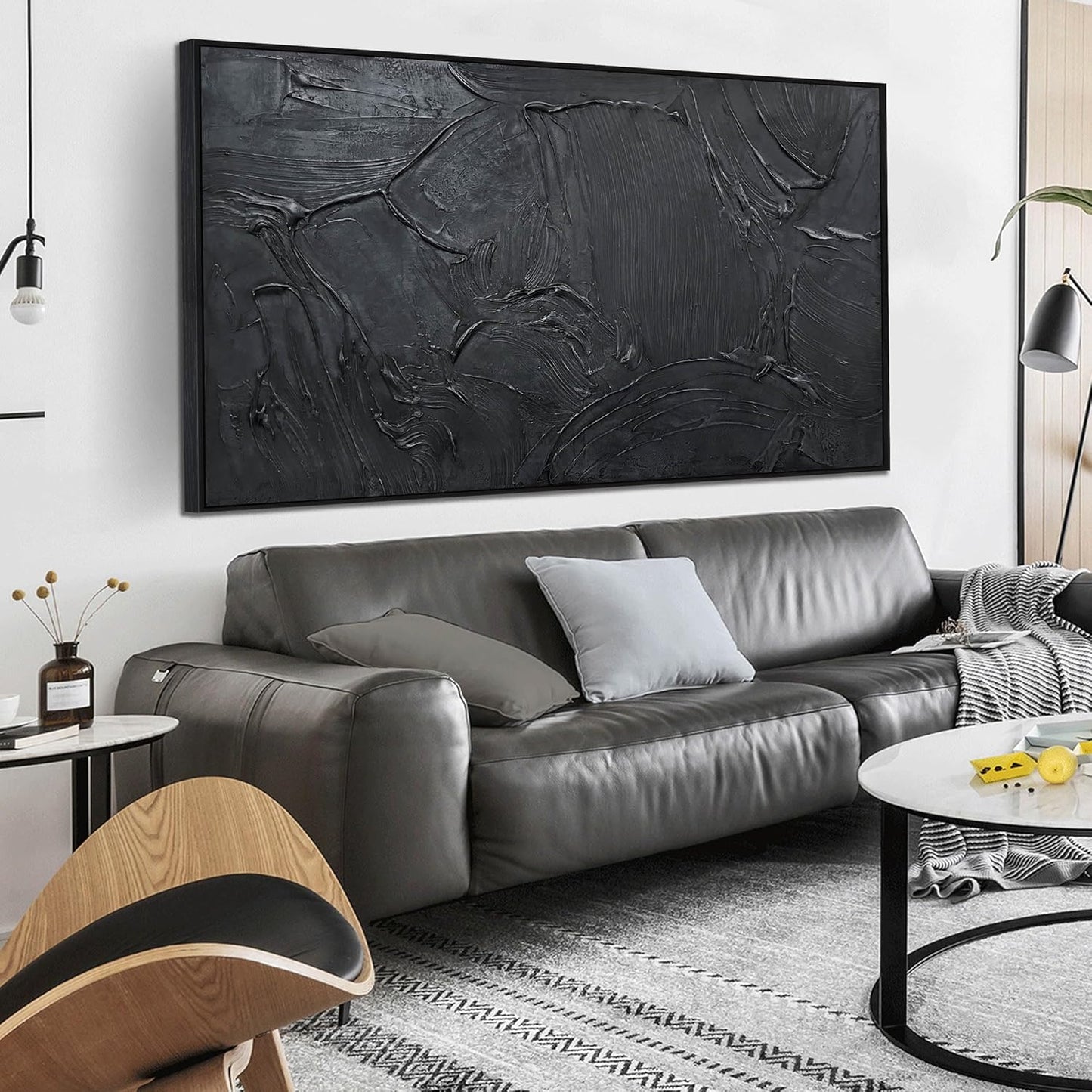 Black Abstract Hand Painted Wall Art for Living Room - Minimalist Large Canvas Wall Art for Office - Frames Wall Decor Bedroom Size 29" x 59"