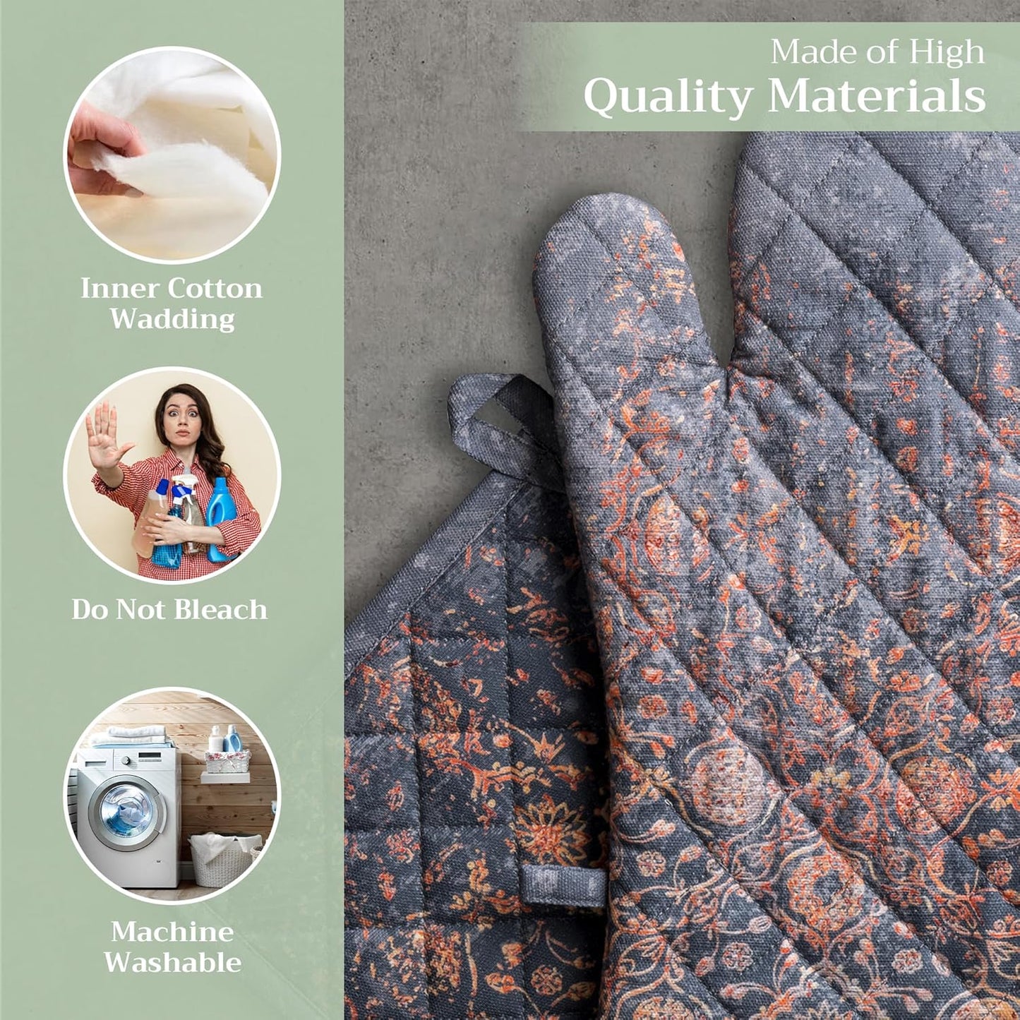 Maison d' Hermine 100% Cotton Oven Mitt & Pot Holder Set (7.5"x13" & 8"x8") Heat Resistant BBQ Cooking Gloves with Loop for Thanksgiving Christmas Decorations Handling Hot Pans (Imperfection)