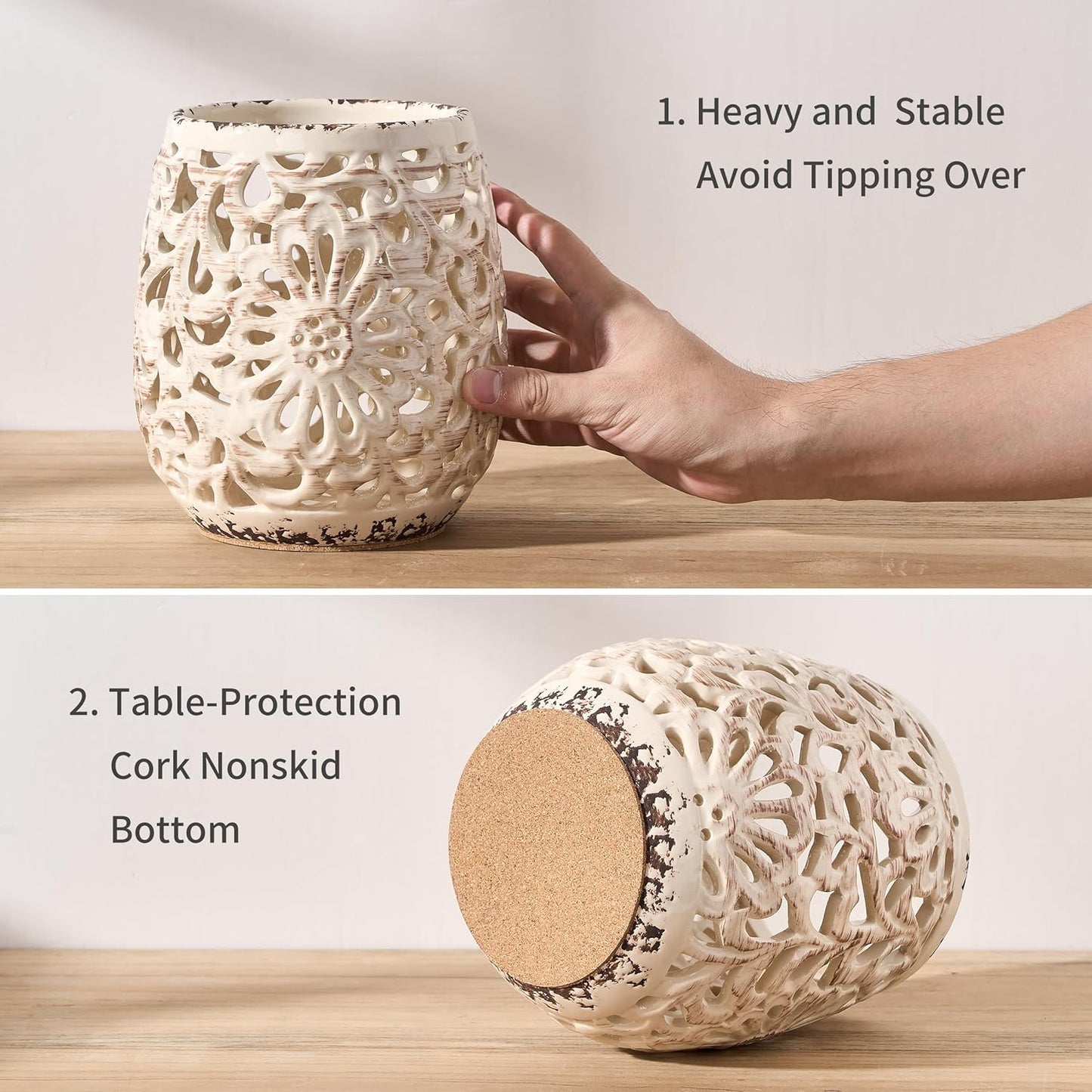 Farmhouse Kitchen Utensil Holder for Kitchen Counter, Ceramic Large Cooking Utensil Crock with Cork Mat, Countertop Cooking Tool Spatula Organizer, Beige Antique Design