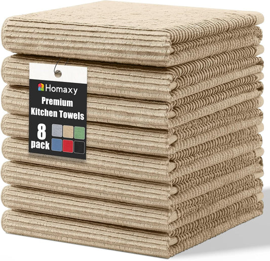 Homaxy Premium Kitchen Towels (18"x 28", 8 Pack), Large 100% Cotton Kitchen Hand Towels, Ultra Absorbent Ribbed Terry Tea Towels Set with Hanging Loop, Khaki